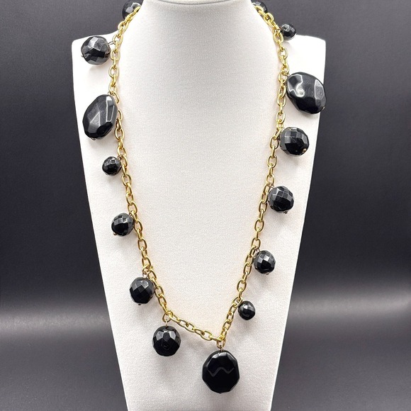 The Unbranded Brand Jewelry - Vintage Gold Tone Chain Black Faceted Bead Statement Necklace Over The Head Y2K